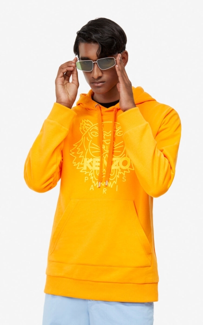 Kenzo Men Hoodie Sweatshirt With Neon Tiger Medium Orange
